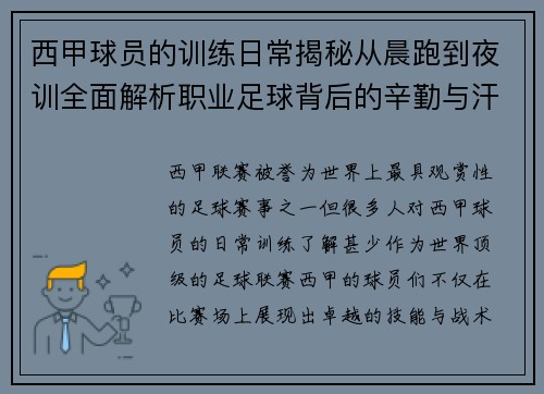 西甲球员的训练日常揭秘从晨跑到夜训全面解析职业足球背后的辛勤与汗水