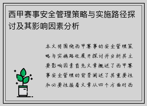 西甲赛事安全管理策略与实施路径探讨及其影响因素分析