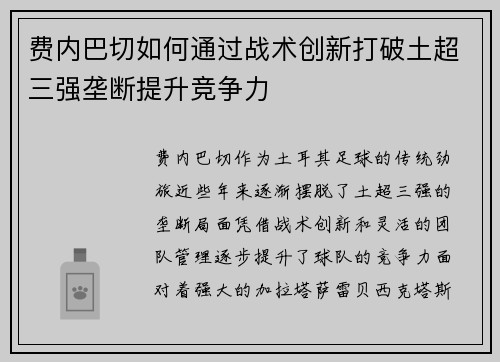 费内巴切如何通过战术创新打破土超三强垄断提升竞争力 费内巴切如何通过战术创新打破土超三强垄断提升竞争力